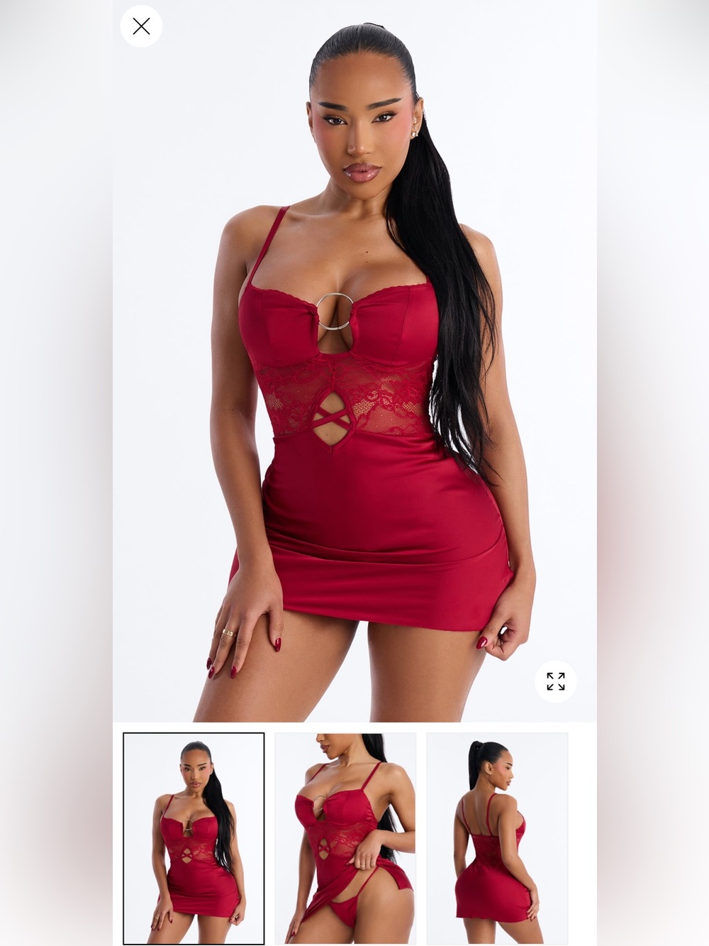 2/75$🔥Red Lace-Accent Chemise Nightdress